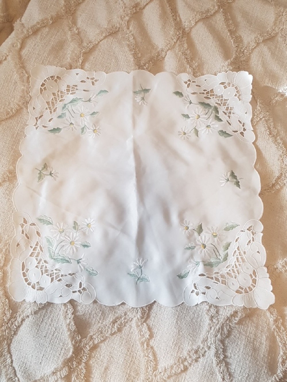 Vintage White Linen Daisy Embroidered Small Table Mat with Pale Green Leaves